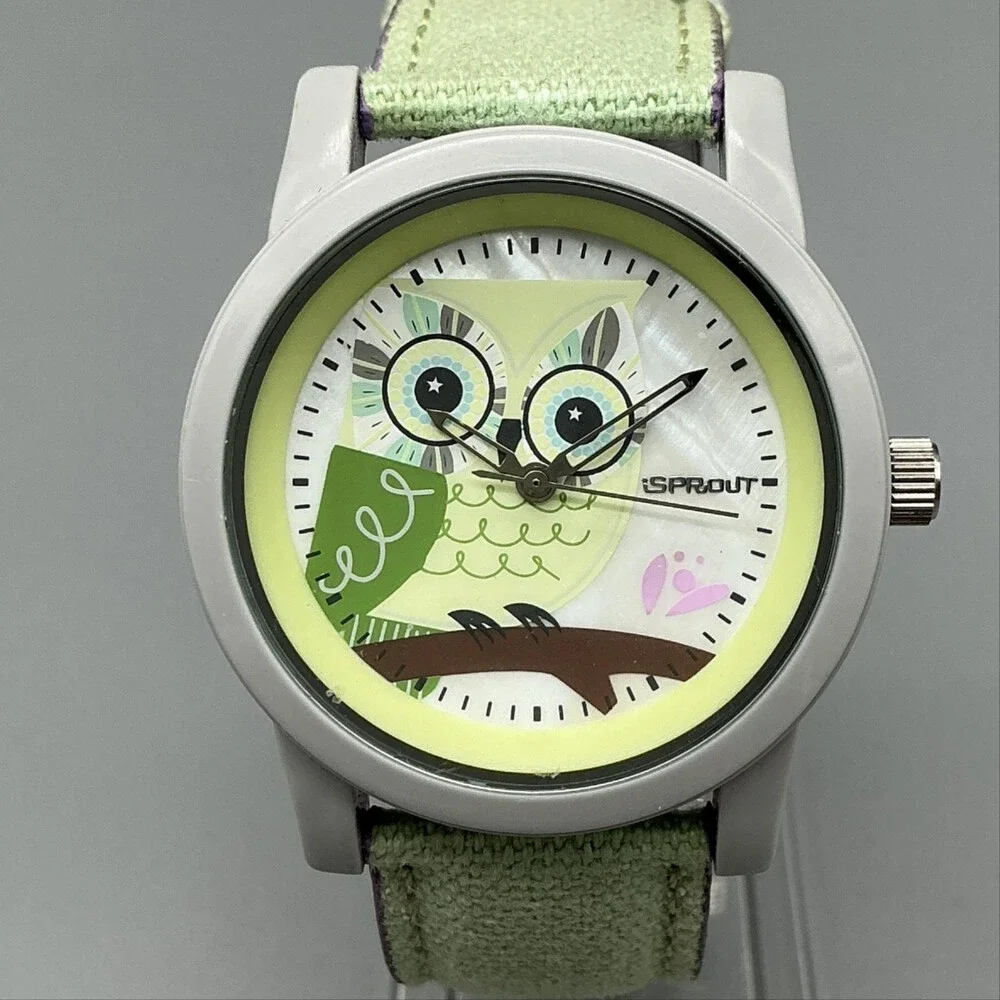 Sprout Girls Watch 38mm Owl MOP Dial Green Gray Case Canvas Strap New Battery